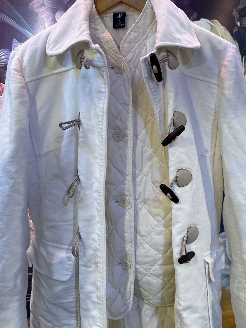 Gap M Tall White Duffle Coat Removable Quilted Vest 2pc Toggle Preppy Classic